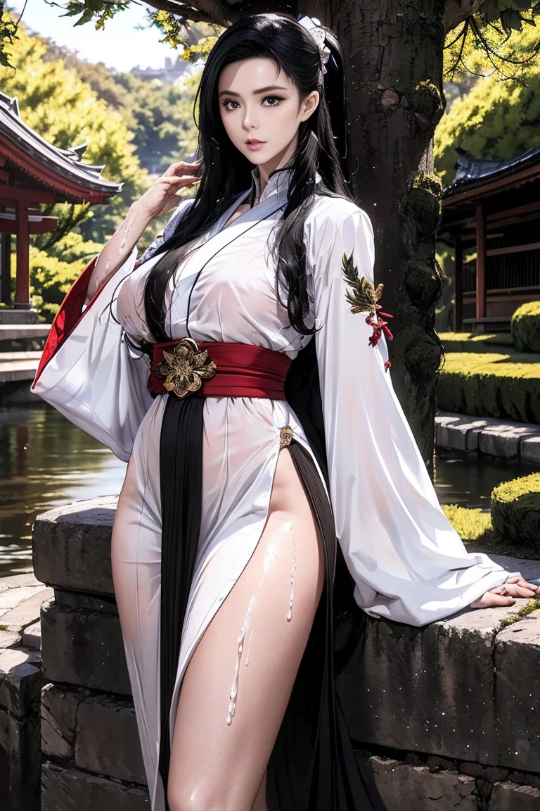 ((Waterfall basin on a moonlit night)),((beautiful woman standing in the middle of the pond)),((Beautiful half-naked woman in a beautiful waterfall basin)), ((Sharp bewitching eyes))、((A sexy))、(((See-through kimono:1.3)))、((Kimono made of thin cloth wet with water:1)), pale skin、(((1 girl in:1))), ((pale skin))、Melancholy beautiful face、Beautiful expression、Sexy face、Nipple bumps, (((Lower breast)))、(((Beautiful breasts ))), Beautiful 、long boots、Super fine face、Delicat eyes、(Double eyelids)、 (((1 Japan Woman)))、 Beautie, 20yr old,((See-through kimono)), (Show off by wearing Japanese revealing clothes),