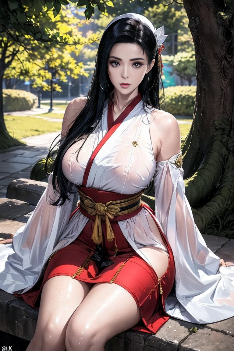 (masterpiece, Highest quality, RAW Photos, Surrealism, 8k, Very detailed, so beautiful), (, The perfect human body, Silky skin, Realistic Skin, country, , Japanese Shrine Maiden,、Bored face, Narrow waist, Thin legs, Large Breasts, Baby Face, beautiful and cute face), (Round face, Black Hair, Watery eyes, Shining Eyes, The hair is long and black, bangs, Lowered eyebrows, A slight blush), (Turn your body forward), (Staring at the audience),Natural light、whole body、full length、「The mysterious shrine maiden、Divination scene in an ancient temple。She is wearing a long white dress that shows her shoulders.、Holding a divination tool in his hand、Candles and crystals are lit all around.。The background features mystical symbols and constellations.、Creates a fantastic atmosphere。」