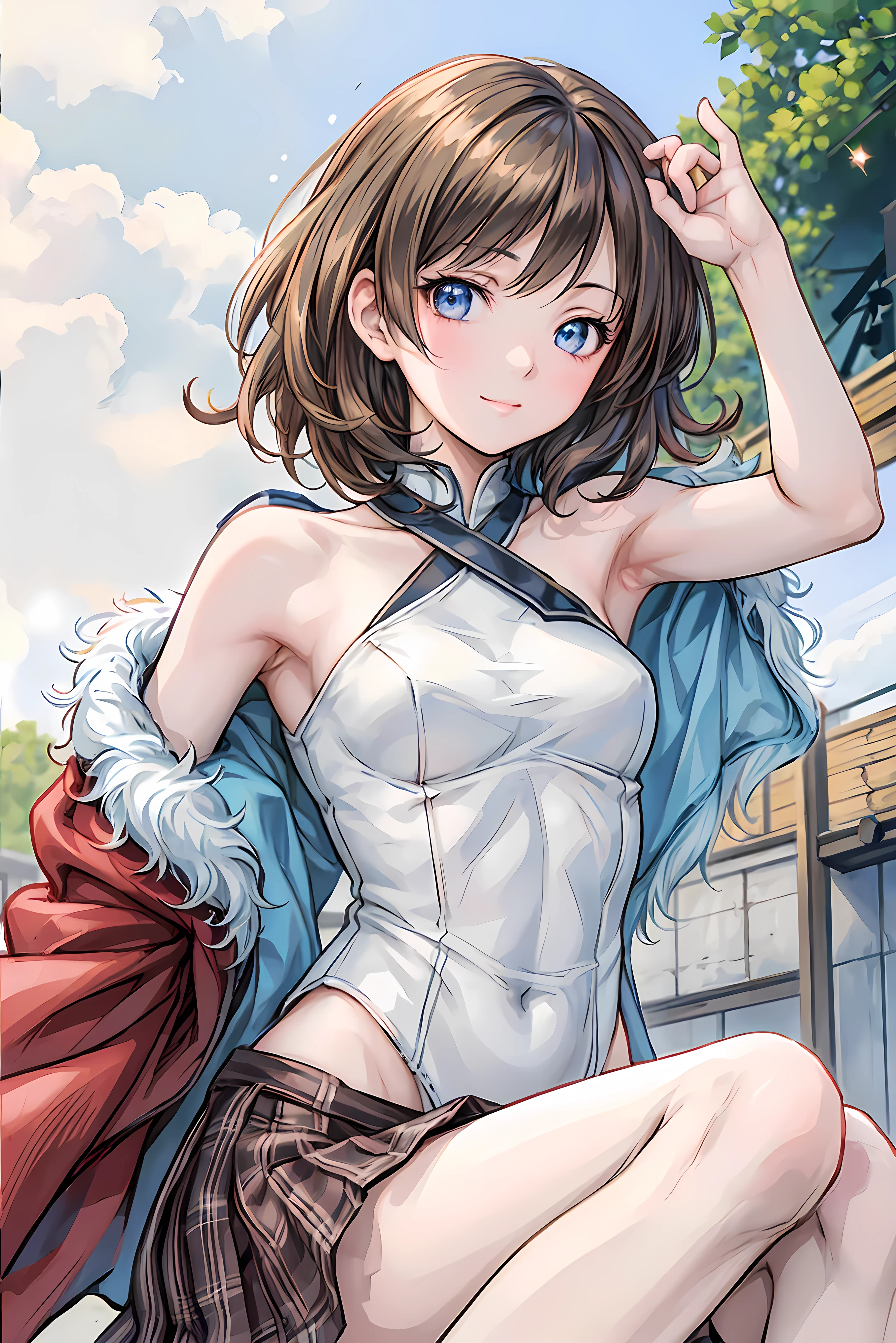 best quality ,masterpiece, 1girl, solo, fine detailed shiny eyes, flat chest, highres, wallpaper, 8k, best lighting, extremely detailed illustrations, blush, embarrassed, smile, open mouth, realistic white panties, crotch seam, pantyshot, White background, loli, dynamic pose, dynamic angle, light clothing, cowboy shot, wind lift, cameltoe, arle nadja, blue skirt, blue short sleeves, armor, collarbone, white shirt, wrist cuffs, nsfw