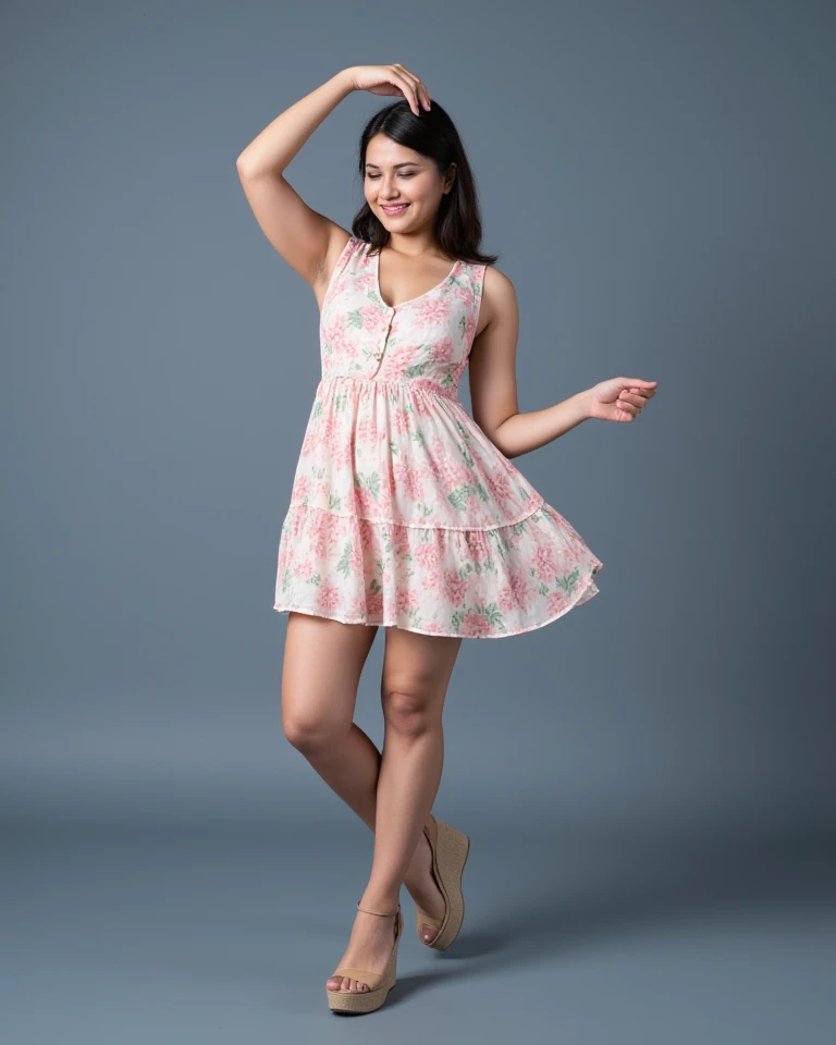 Real realistic 4D caricature photo, big head, full body, an adult woman with Asian face, 25 years old, long brown hair, oval face, wearing a light pink floral patterned dress,Women's wedge sandals, standing pose while facing forward, light pink background