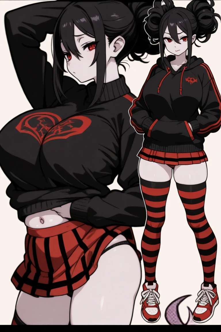 Somewhat tall girl with long black messy hair and sleepy ruby eyes wearing a tight slipknot band t-shirt, dark tights panties and a choker, doing a peace symbol with a chaotic face and sticking her tongue out in disrespect, her thighs squishy and her breasts are average sized.