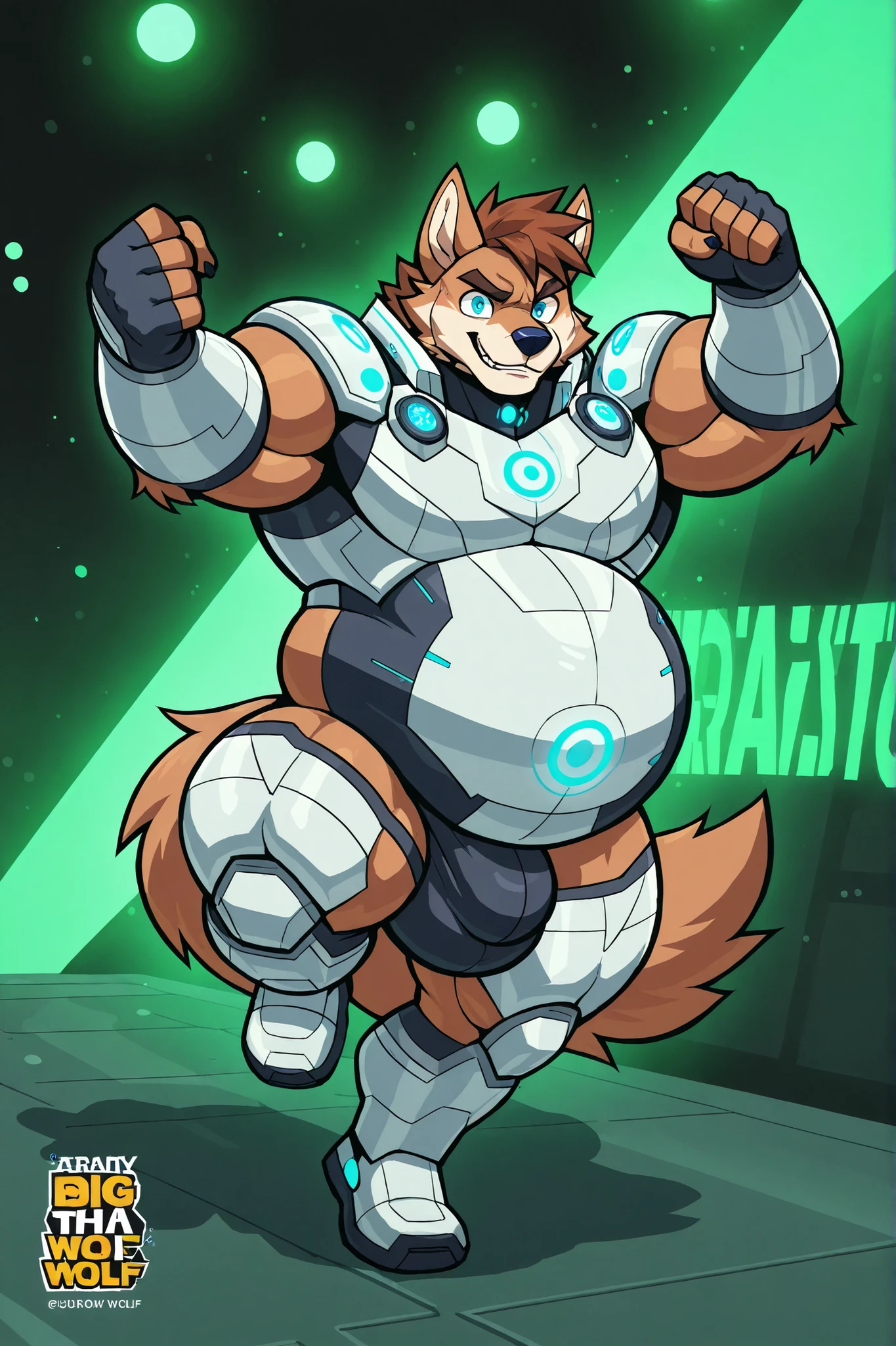 light brown wolf, furry, male focus, big belly, fat body, big large pectorals, muscular arms, thick thighs, ultra gigantic huge muscular, short brown hair, blue eyes, light gray futuristic armor, green lights, huge bulge, action pose, full body