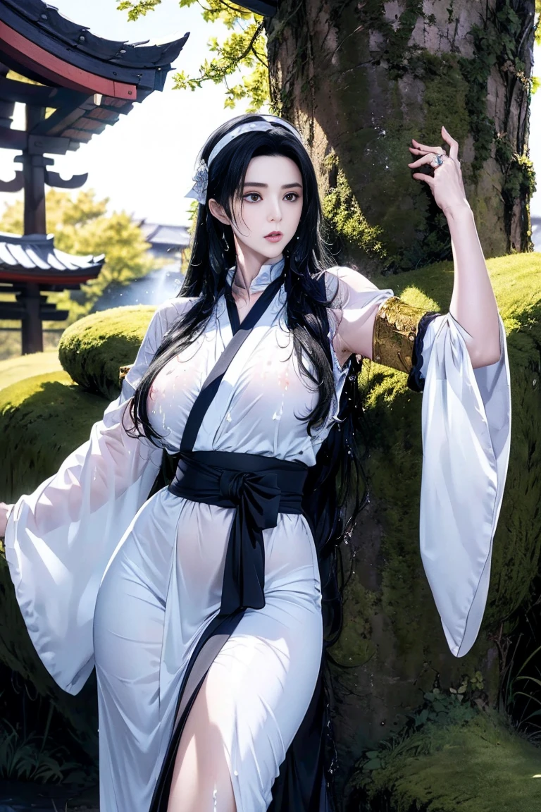 (((masterpiece+best quality+high resolution+ultra-detailed))), nsfw, 1girl with clima-tact, xiaolongnu from Jinrong novel, sitting on rock, long silky black hair, high nose, sharp eyes, noble and inviolable temperament, (([female]: 1.2 + [beauty]: 1.2 + black long hair: 1.2)), huge saggy breasts slipped, areolae slip, large areolaes, short height, height 140cm, tiny body, waterfall, stone, ancient Chinese buildings, cloudy sky, rain, log pose, gold bracelets, (revealing white top, all white kungfu clothing), (camel-toe, pubic hair), shoulder tattoo, bright eyes, dynamic angle and posture.