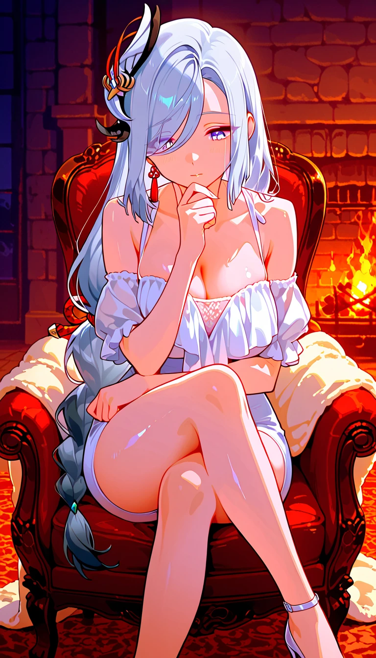 (Masterpiece, BestQuality:1.3), (ultra detailed:1.2), (hyperrealistic:1.3), (RAW photo:1.2), High detail RAW color photo, professional photograph, (An illustration:1.4), professional lighting, perfect anatomy, (, (The underboob is visible:1.1):1.2), (blush, detailed face), (cheerful Smile:1.5), (Blue Hair:1.5), Trending Hair&Trending Hairカラーをランダムに, earrings, necklace, bracelet, sexly, erotsexly, sexy gure poses, (A less beauty、In front of the fireplace wearing only a fur coat、Give a provocative look。With long hair、Sit with your knees upright、Brush your hair up with one hand、Hold your chest with the other hand、A sexy pose where you slowlyoss your legs。: 1.3)