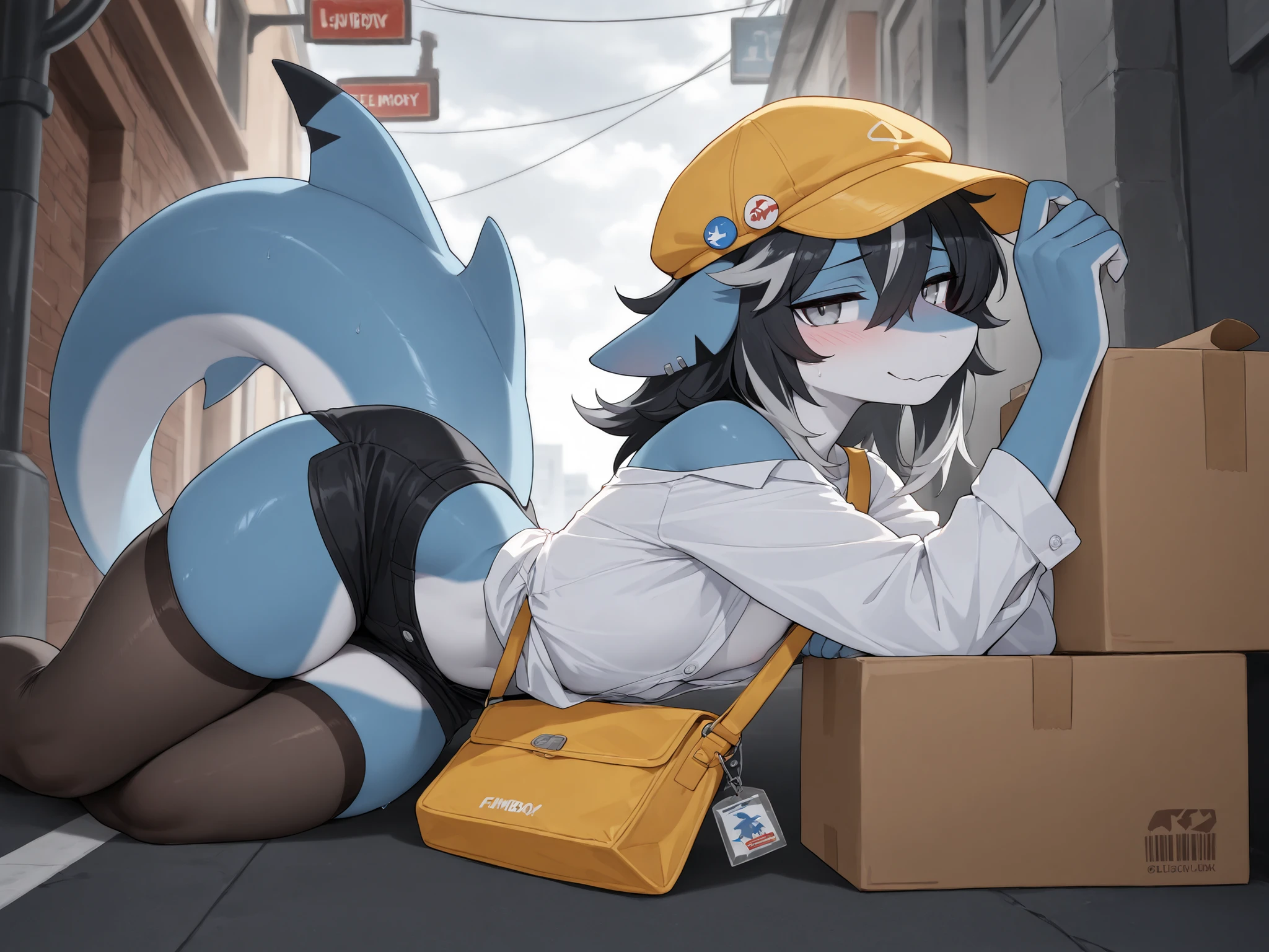 (Masterpiece, Best quality:1.2), (side angle), street, cloudy, gray sky, detailed shadows, detailed lighting, dark lighting, adult, (broad shoulders), 1boy, solo, silver eyes, black hair, silver highlights on hair, medium hair, hair over whole head, (angular fringed) hair, anthro furry, shark, shark skin, (pointed shark ears), shark tail, light blue skin, [flat chest], thick thighs, medium ass, [medium body], curvy, cute, jitome, (femboy, feminine boy), wearing yellow hat (flat cap), exposed shoulder, long sleeves, white ((button shirt)), pin on hat, yellow shoulder bag, delivery bag, black cutoff shorts, stockings, (shy), outside, laying down, stockings, package, box package, lots of blush, (soft smile), looking at viewer, (very detailed body, face, tail, arms, hands, legs, head and eyes), from side