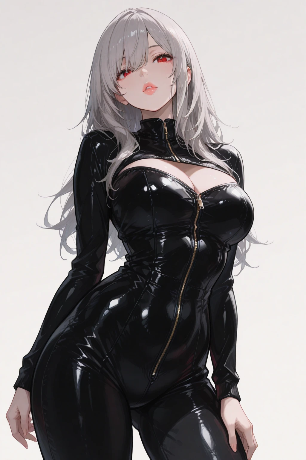 Dancer, vigorous figure, straight chest, tall, long legs, thin and transparent tights, {{huge_breast}}, {{latex}}, {{glossy}}, {slim}, fair skin, {black_stockings}, supreme detail, slightly curly hair, long bangs, white hair, open clothes, dance practice room, pole dancing, enchanting dance, flying hair