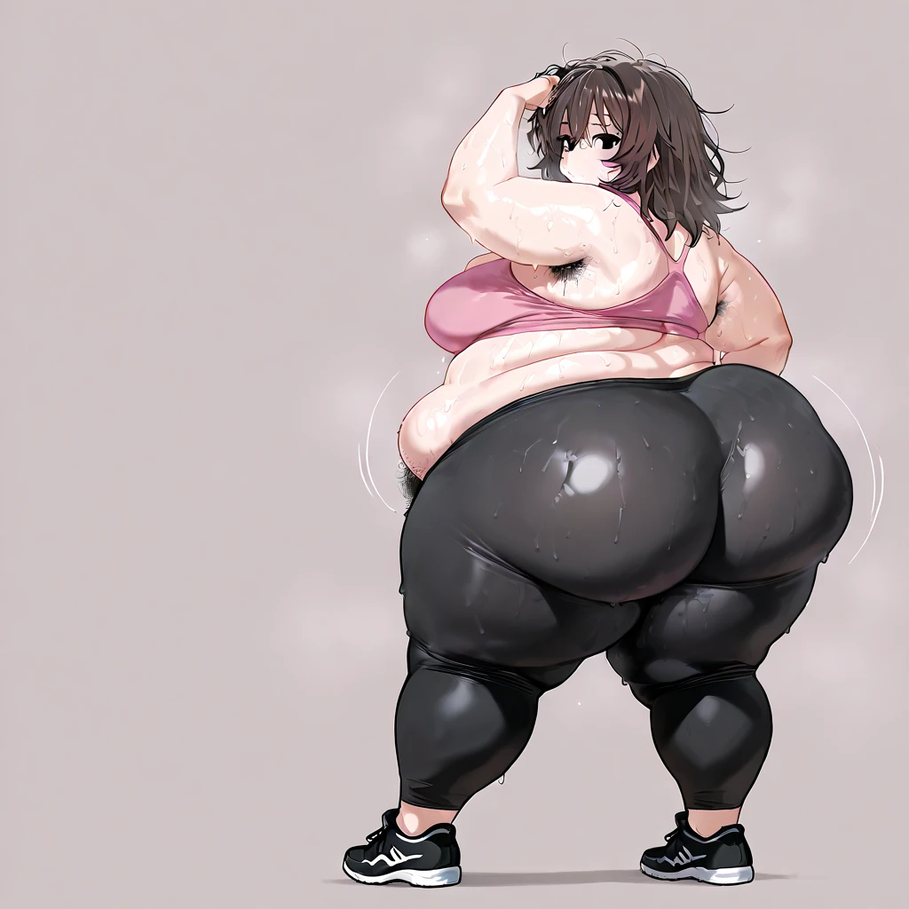 young girl, Pullover, very short shorts, booty shorts, whole body to see, exited, smile, scream, Open mouth, lace short hair, (( very wide hips)), (huge thighs, very big thighs), big breast, platform heels , thin waist, topless,