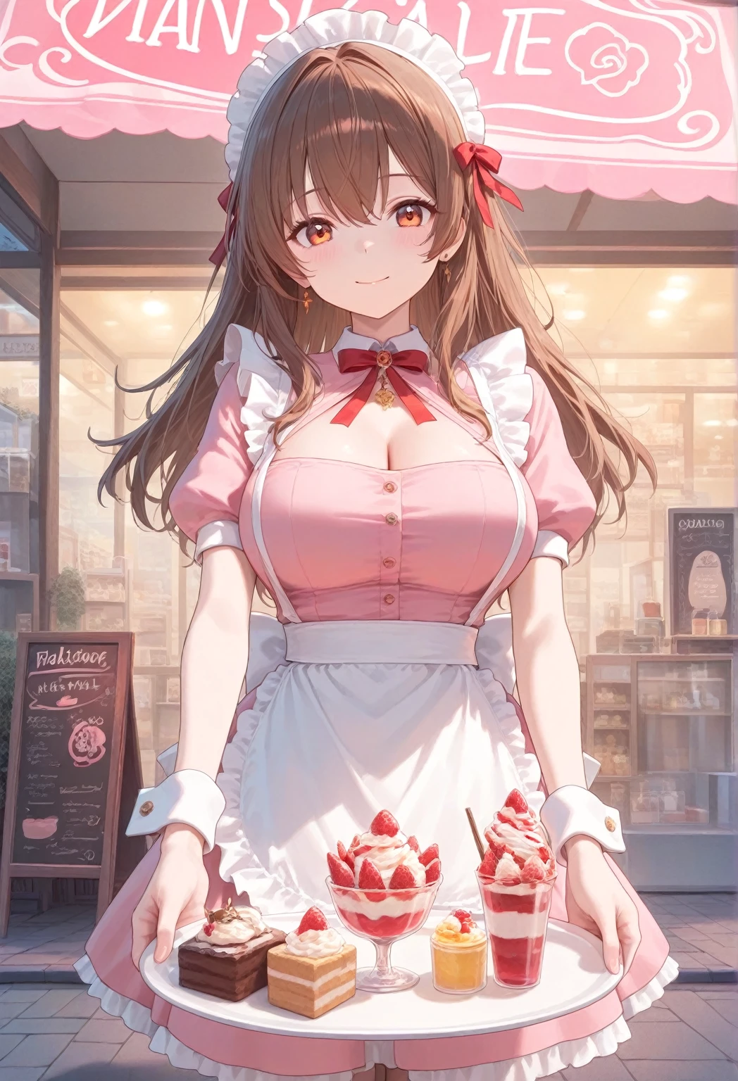 Cute fair-skinned woman, 19 years old, ponytail tied with a red ribbon, sweet shop clerk, bright off-the-shoulder satin costume with big breasts, tight high-waisted miniskirt, big breasts, big blue eyes, seductive expression, slightly red cheeks, slightly open red lips, fashion model pose, highest quality portrait, The Idolm @STER: izumi mei,