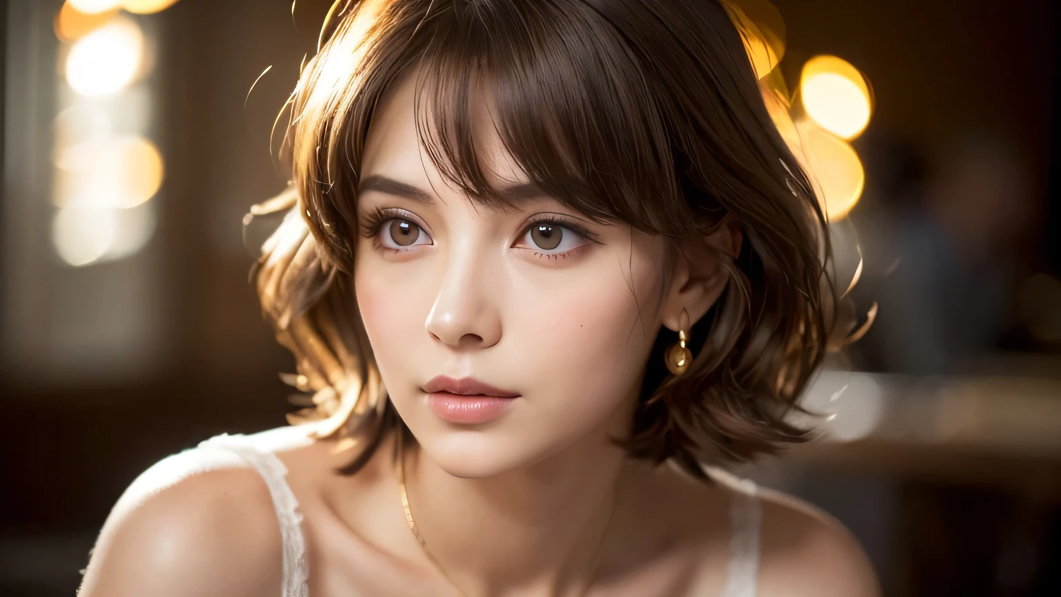 A beautiful young woman with soft wavy brown hair, subtle natural makeup, wearing a delicate lace top, gazing gently at the camera, surrounded by warm golden bokeh lights in the background, cinematic portrait style, ultra-realistic skin texture, soft ambient glow, shallow depth of field, high detail