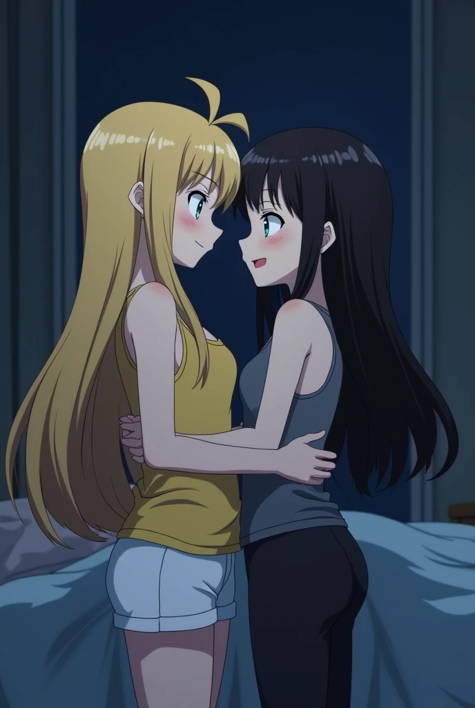 Two Women,Alpha ,Long blonde,gamma,Long Black Hair ((naked))), Big Breasts, kiss, (adult)
 ((My crotch is wet)),Love Hotel,My crotch is wet,Are standing,(masterpiece:1.2), High resolution, Highest quality, 8k,
