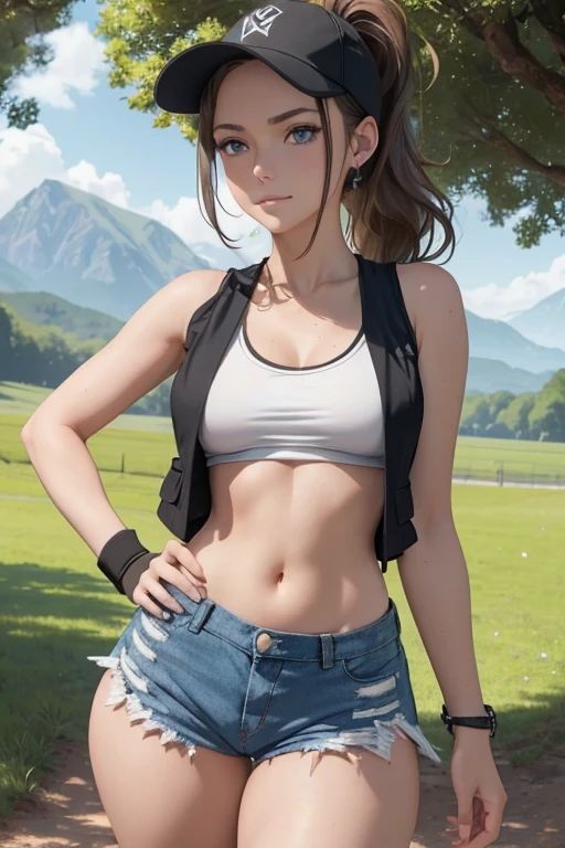 <lyco:GoodHands-beta2:0.1>, (1girl, solo, masterpiece, 4k, NSFT, ((cowboy shot)), best quality:1.2, NICE HANDS, COLORFUL), rosa, brown hair, double bun, doughnut hair bun, hair bun, blue eyes, hair between eyes, twintails, pantyhose, pantyhose under shorts, raglan sleeves, skirt, yellow skirt, white shirt, blue sleeves, long sleeves, visor cap, ((small breasts, medium hips, tight shirt)), (abs:0.7), ((pelvic lines)), (((fortress background))), LOOKING AT THE VIEWER