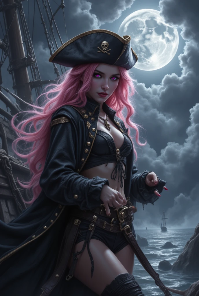 Woman, jellyfish, (feudal middle age:1.1), Slavic appearance, (long straight purple hair gradient pro red), (red eyes), (strong expression look), purple lipstick, fair skin, (black color gothic clothes with red details:1.1), yellow scales on the hands, cinematic lighting, mystical atmosphere, dynamic focus, ultra reality, ultra realistic, ultra quality, real, real texture:1.1, realistic clothes:1.1, 8k insaneres, absurd, pirate hat
on board a pirate ship like black pearl, stormy weather. god rays, low key lighting