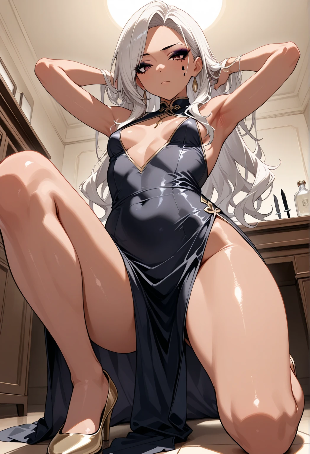(Highest quality, High resolution, Very detailed), 1 female, Silver Hair, Long Hair, Reddish brown eyes, Black Dress, Nude, pussy, vaginale, ((pussy juice)), secretary, 24th generation, Beautiful woman, mature, thin, quiet, Calm, Large Breasts, A small smile, sofa,
