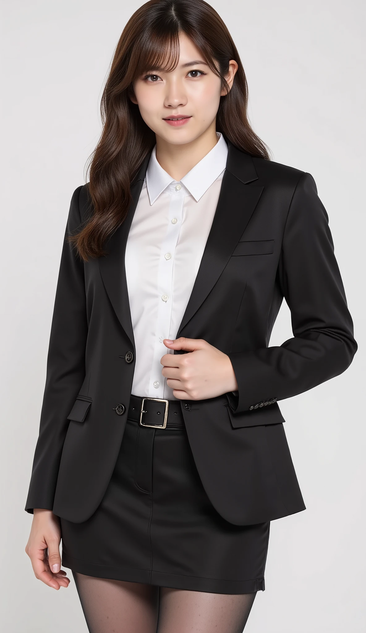 nsfw,8k, RAW pictures , (masterpiece, top quality, Photoreal, ultra high definition, Super Detailed:1.4), 1 girl on holiday, beautiful , Idol, unrivaled beauty like a statue, (surreal, professional photo:1.4), simple background,((Big breasts)),Japanese,office lady,office lady,suits,pantyhose,Sexy Poses,full body