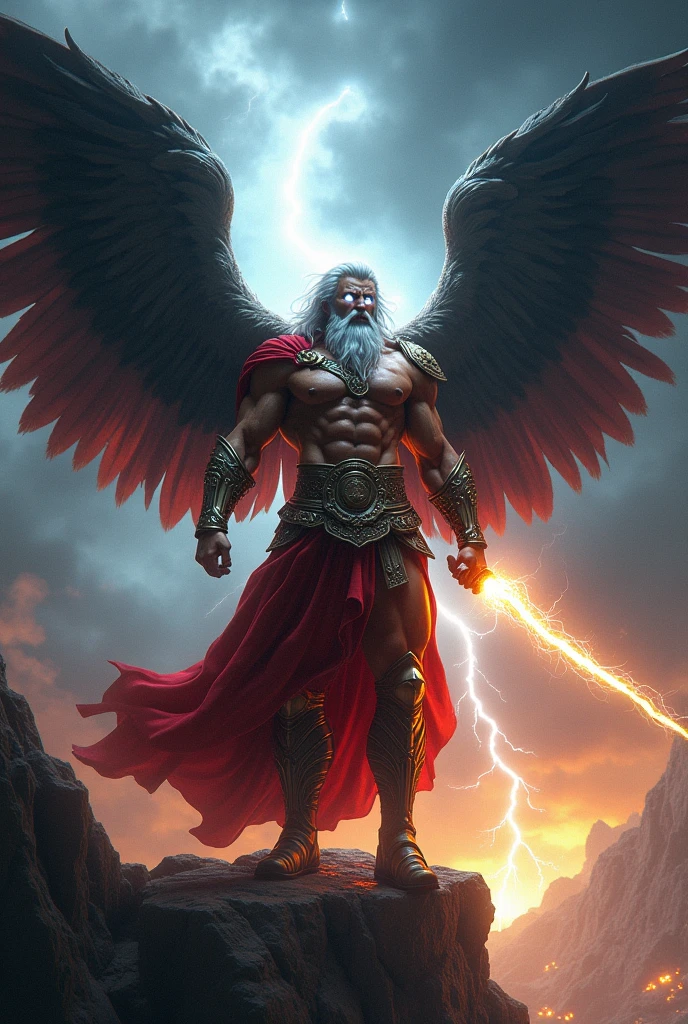 Zeus, with a glowing thunderbolt in his hand, stands atop of stormy clouds. Dark clouds swirl around him, and lightning illuminates the sky. His white glowing eyes shine with power, and his flowing white beard and robes billow in the fierce wind. The scene is dramatic and awe-inspiring.