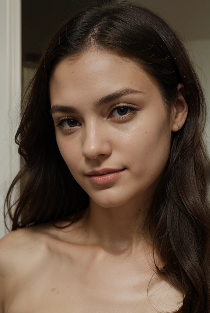 imagine a 21 year old woman with a refined and symmetrical facial structure. Her complexion appears to be smooth and has a healthy, natural glow, suggesting a light olive skin tone. Her eyes are almond-shaped and have a compelling, intense gaze that could be described as deep hazel green. These eyes are framed by neatly shaped, medium-thick eyebrows that arc gently over her eyelids. Her hair is long, reaching below shoulder length, and displays a rich, dark brown color. It has a subtle wave, giving it volume and a soft, flowing appearance. The hair is parted slightly off-center, and some strands gently frame the sides of her face, enhancing her cheekbones. Her lips are full and well-defined, with a soft pink shade of lipstick that accentuates their shape without overpowering her natural look. Her makeup is minimal, aiming to enhance her features rather than transform them, with perhaps a hint of mascara to bring attention to her eyes.