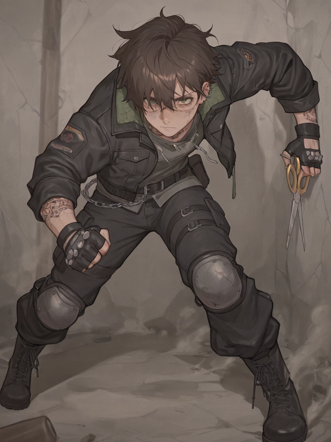 a boy, shoulder length hair, straight and dark hair, dark of black ethnicity, wearing a black yk2 crop top, moss green cargo pants, green and white Jordan sneakers.