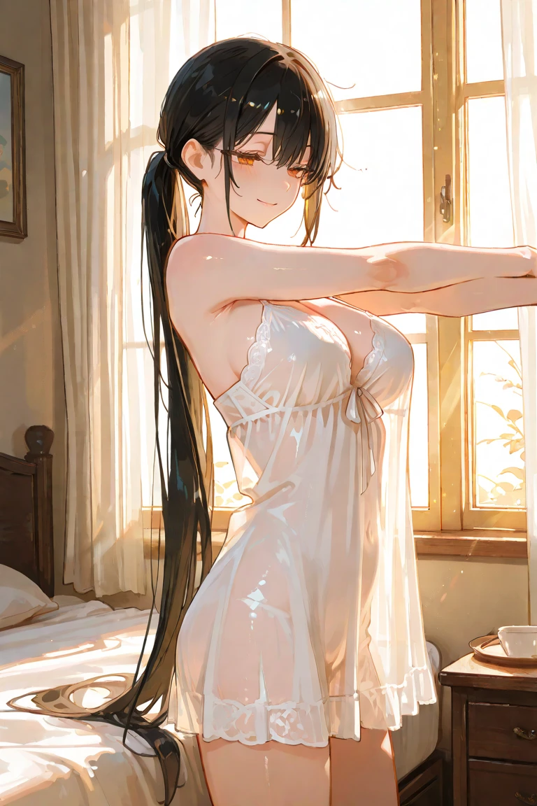 she has the most perfect figure, see-through silhouette, loose sheer lingerie, backlit, golden hour, the sun behind her, (make her yukino yukinoshita:1.5)