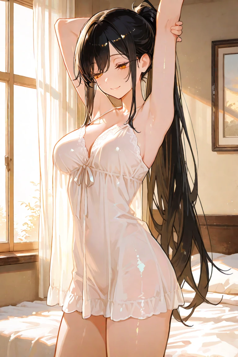 (Unity 16K Wallpaper, Masterpiece, Best Quality, Ultra Detailed, Extremely Detailed CG, Ultra High Resolution, Caustics, Detailed, Beautiful Detailed Eyes, solo, curby, negligee:1.3, looking back:1.3, portrait, embarrassed, arms behind back), fine skin, black hair