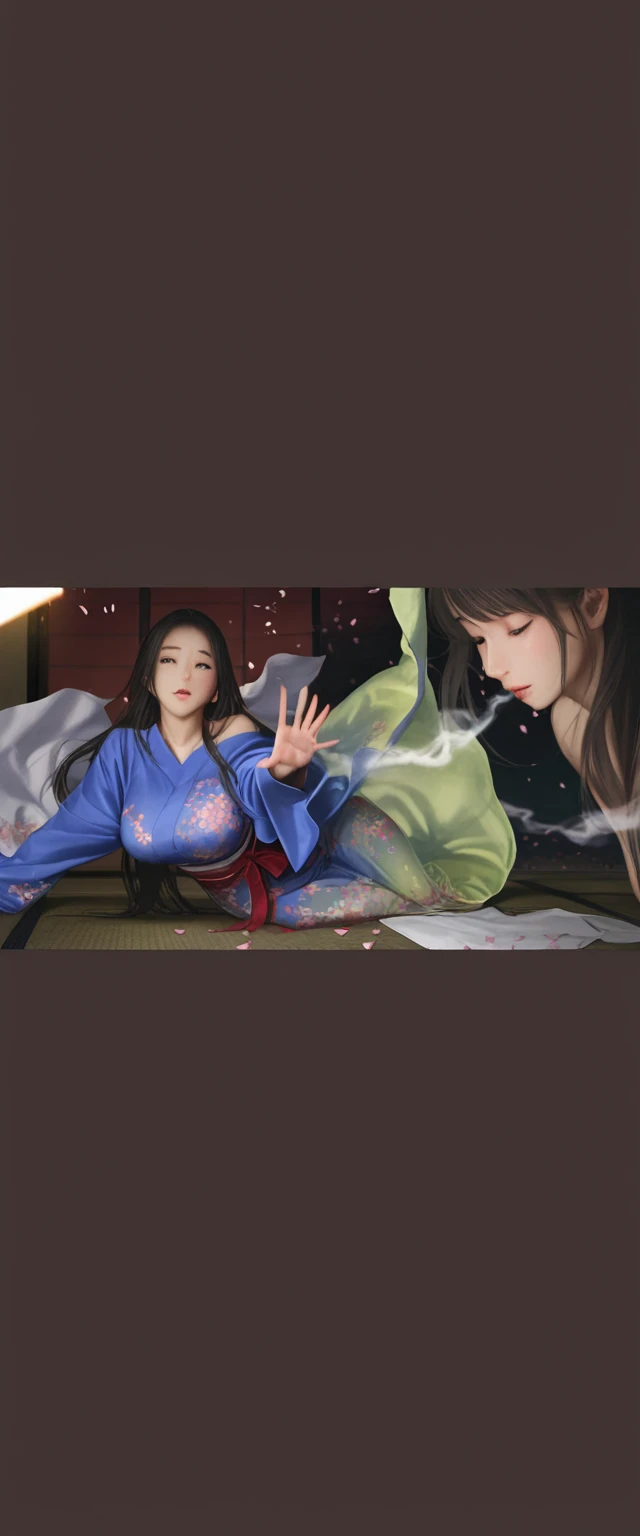 Look away。Turn away。Cool Beauty Fox Princess。Relax in a reclining chair with your legs stretched out。kimono。Big Breasts