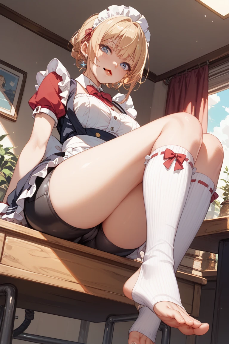 girl, black liquid, full body, beautiful face, freckles, pee, peeing, pussy, mismatched legwear, white thigh highs, black tie, short blonde curly hair, green eyes, red skirt, no panties, puffy sleeves, short sleeves, white shirt, looking at viewer, smiling, pussy juice, pussy juice trail, coca-cola, white background, spread legs