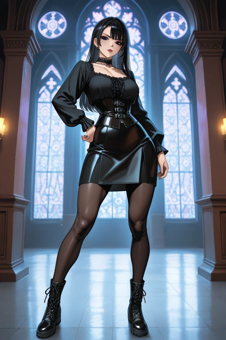 UHD 8k, HDR+, solo, (Blue emo hair), black  corset, (micro skirt), huge breasts (wide hips),  (masterpiece), big eyes, (heavy goth makeup:1.3),  dark lighting, perfect body, (ultra realistic eyes), (detailed face),  symmetrical balance, in-frame, symmetrical face, symmetrical body, symmetric hands, High heel shoes, high heel shoes, Against the background of the chic modern apartment, detailed background, realistic, 1girl, solo girl, 25 year old girl, ultra realistic face, hyperrealistic, hyperdetailed, (looking at viewers), sharpen, detailed face, detailed eyes, detailed lips, red lips, beautiful face, 16k, FHD, raw photo, cute face mesh, pretty face mesh, portrait shot 8 k