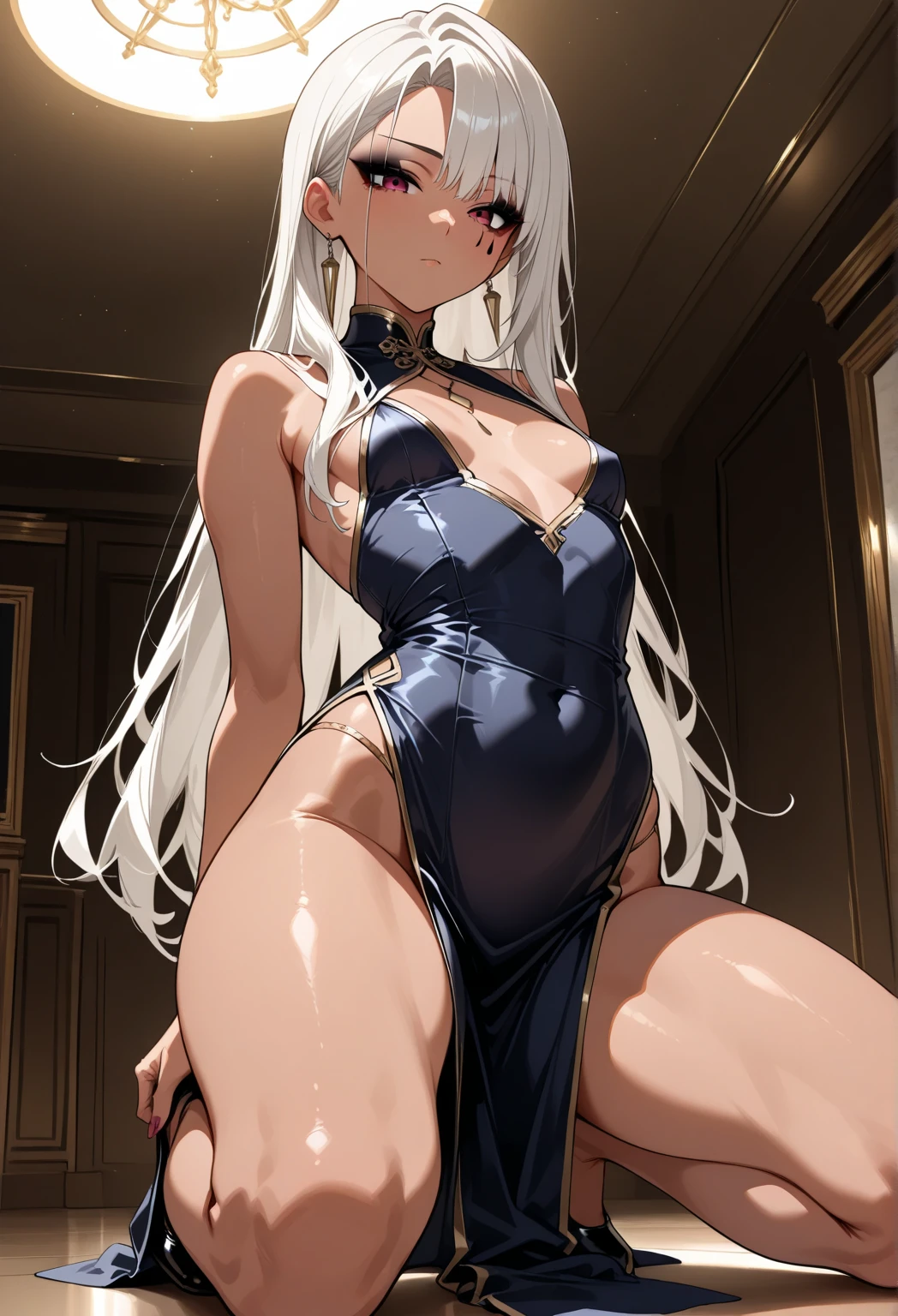 (Masterpiece, Best Quality:1.2), Cowboy shot, 独奏, ass focus, 1girl, white colored hair, Vaisvale, smile, closed mouth, looking a viewer, pony tail, scar across eye, white leotard, Jewelry, necklace, earrings, small-breasts, slim thighs, Spacer frame, steam, (Shards of ice, Sex), glistering slap, Wet, the sweat,