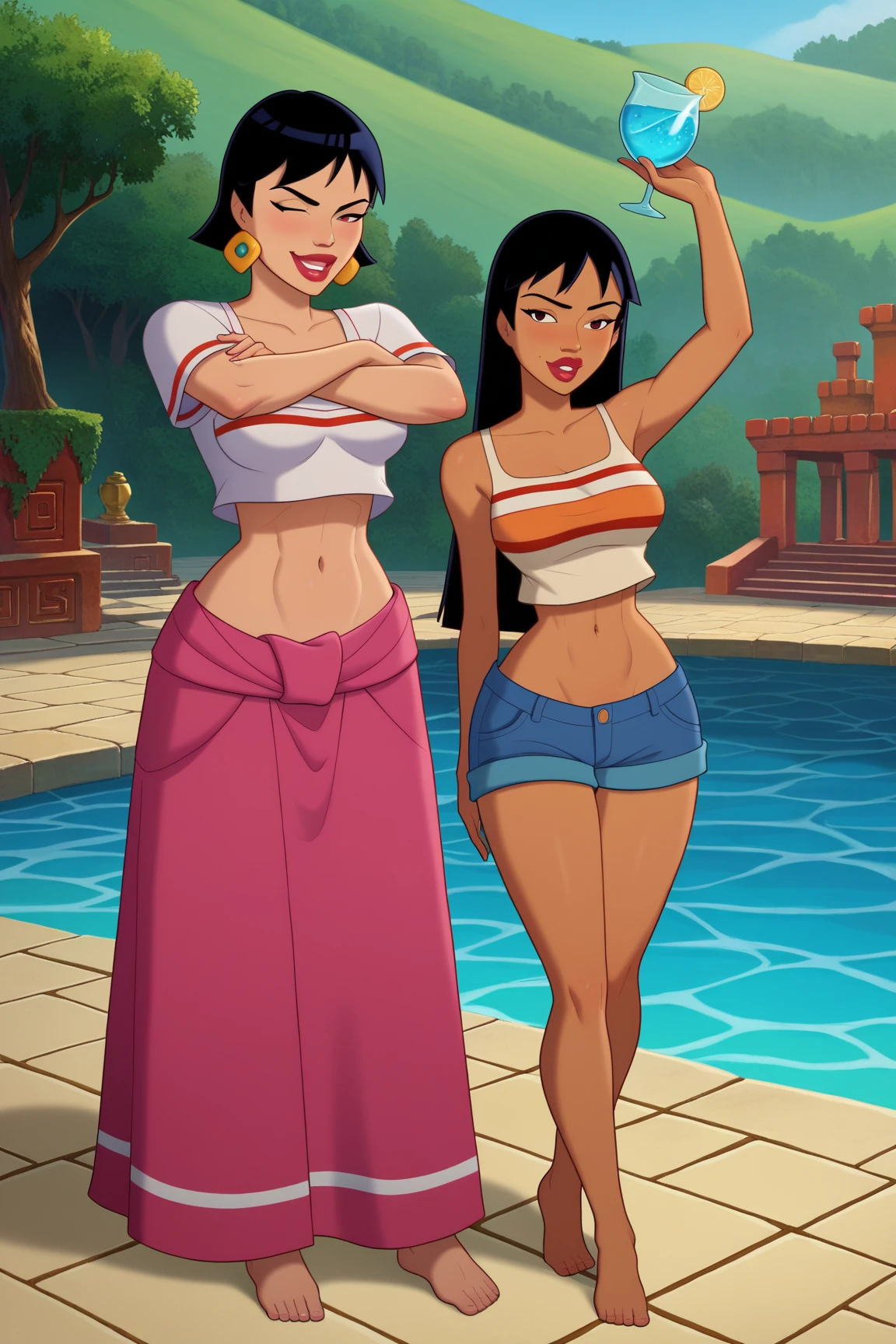 Two Malaysian women, both aged 20, are engaged in an intense and energetic wrestling match inside a vibrant bar setting. The women are dressed in hijabs, with their hair completely covered, and they possess voluptuous hourglass figures with remarkably large breasts. Surrounded by a crowd of enthusiastic onlookers, the spectacle takes place within a playful sea of colorful and wobbly Jell-O. The bar resonates with cheers, as the audience displays their unwavering support for the spirited match. The ambiance is lively, and the atmosphere in the bar is brimming with excitement and thrill. The scene is captured with the highest level of artistry and attention to detail. The image displays ultra-detailed rendering, showcasing the finest attributes of the human form and the dynamic nature of the wrestling action. The scene is brought to life with realistic lighting, accentuating the physicality and emotions present in the moment. The illustrious display of vivid colors adds an extra layer of visual appeal, creating an extraordinary masterpiece.