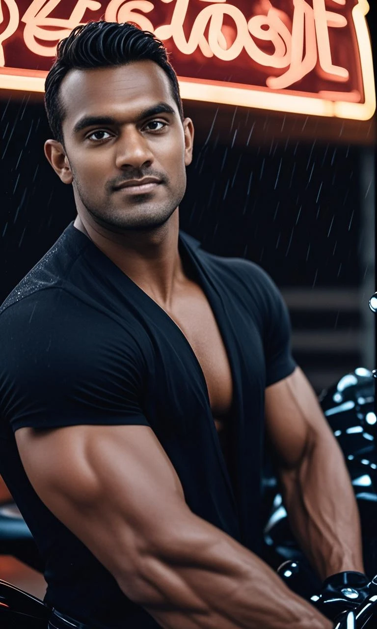 realistic photo of muscular short bearded (south Indian man) in a worn ((skin-revealing skimpy erotic black tracksuit, massive hairy pecs)), big pecs, big arms, bulge, VPL, ((light bokeh)), intricate, (steel metal [rust]), elegant, erotic, exuding sexual energy, homoerotic, sharp focus, soft lighting, vibrant colors, (masterpiece), ((streets)), (detailed face), looking at his abs, light smile, night, cinematic lighting, beautiful lighting, cinematic lighting, (hazy filter, film grain:1.2)