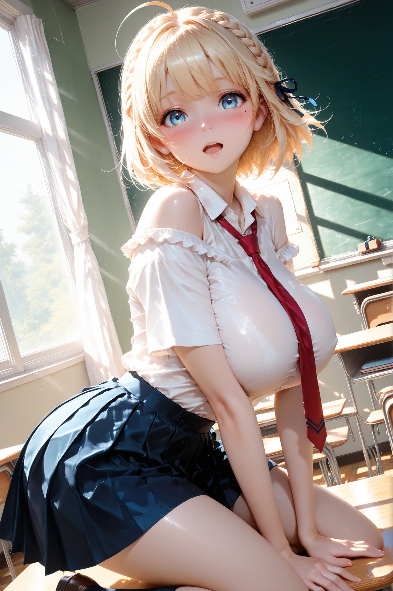 NSFW, American school uniform,Summer uniform shirt,Ribbon Ties,a skirt,School Classroom,school stairs,Chest thrust pose,8K RAW photos,A high resolution,17-year-old South Korean,very large round breasts,,beautiful eyes in detail,long eyelasher,beautiful double eyelid,eye shadows,eyes liner,Elongated eyes,Elongated eye shape,Sanpaku eyes,evilsmile,Evil expression,Beautiful and very thin legs, Beautiful and very thin thighs,Random short hair,hair tied behind the head,耳Nipple Ring,Bright blonde hair,