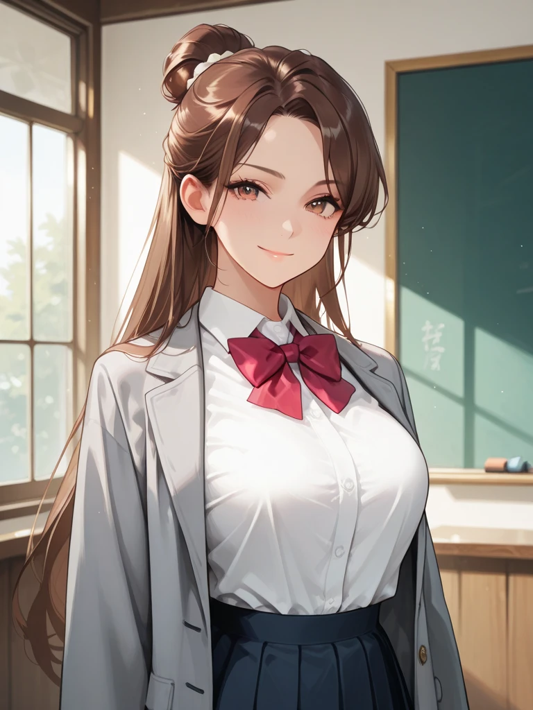 elite school uniform is sheer, button gap,red white gold uniform,(button gap:1.5), white skirt, white top, red ribbon, golden buttons, golden shoulder pats, young adult, 19 years, brown long hair, brown eyes, beautiful brown eyes, big breast, striking body curves, horny smile, pink lips, tiny girl, cute pose, masterpiece, classroom background, school