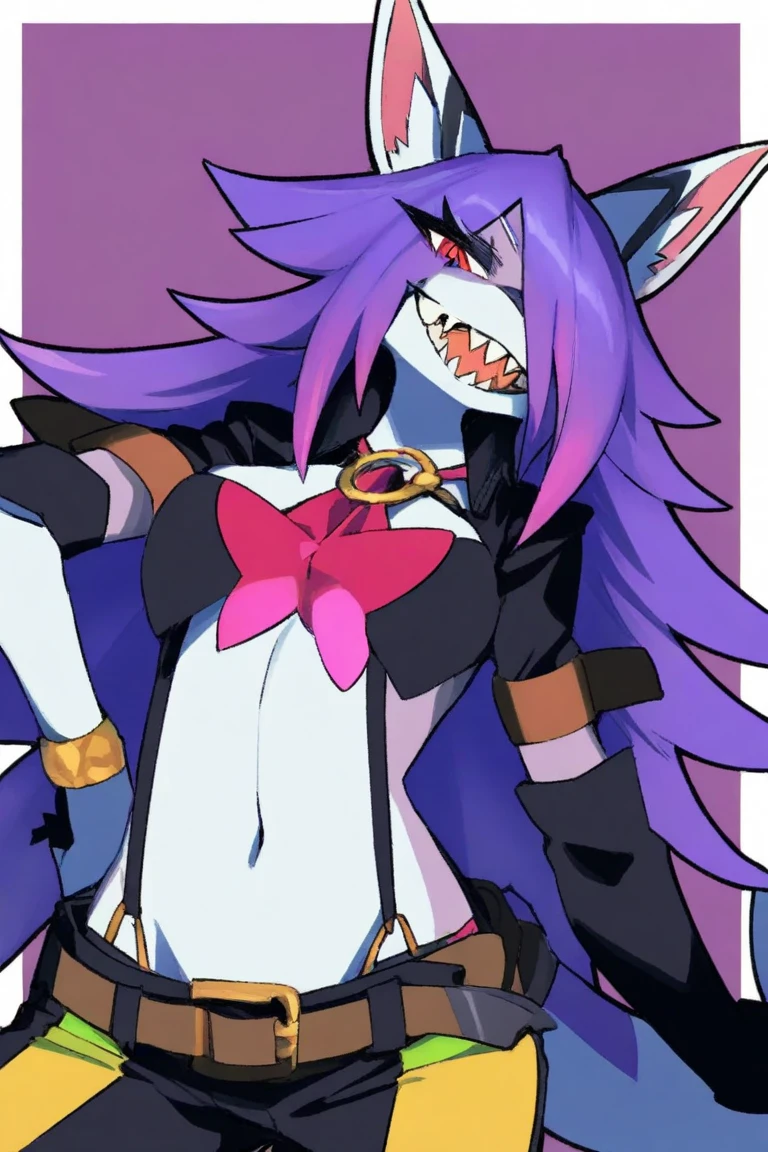 Wolfie, hells, girl1, solo, leather pants, furry, hair, earrings, spiral , furry hands,sneezing breast, quality 1.2)(Masterpiece 1.2) smiling,