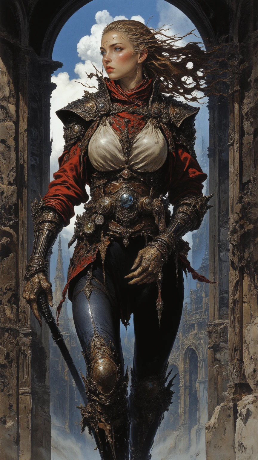 A white woman , allure effrayante, armure en cuire sexy marron, ((topless)), big chest, shaved hair except for a red ponytail, pronounced black makeup, fully tattooed body, ((pale skin)), ((piercings)), holding a sword, ((big sagging breasts))