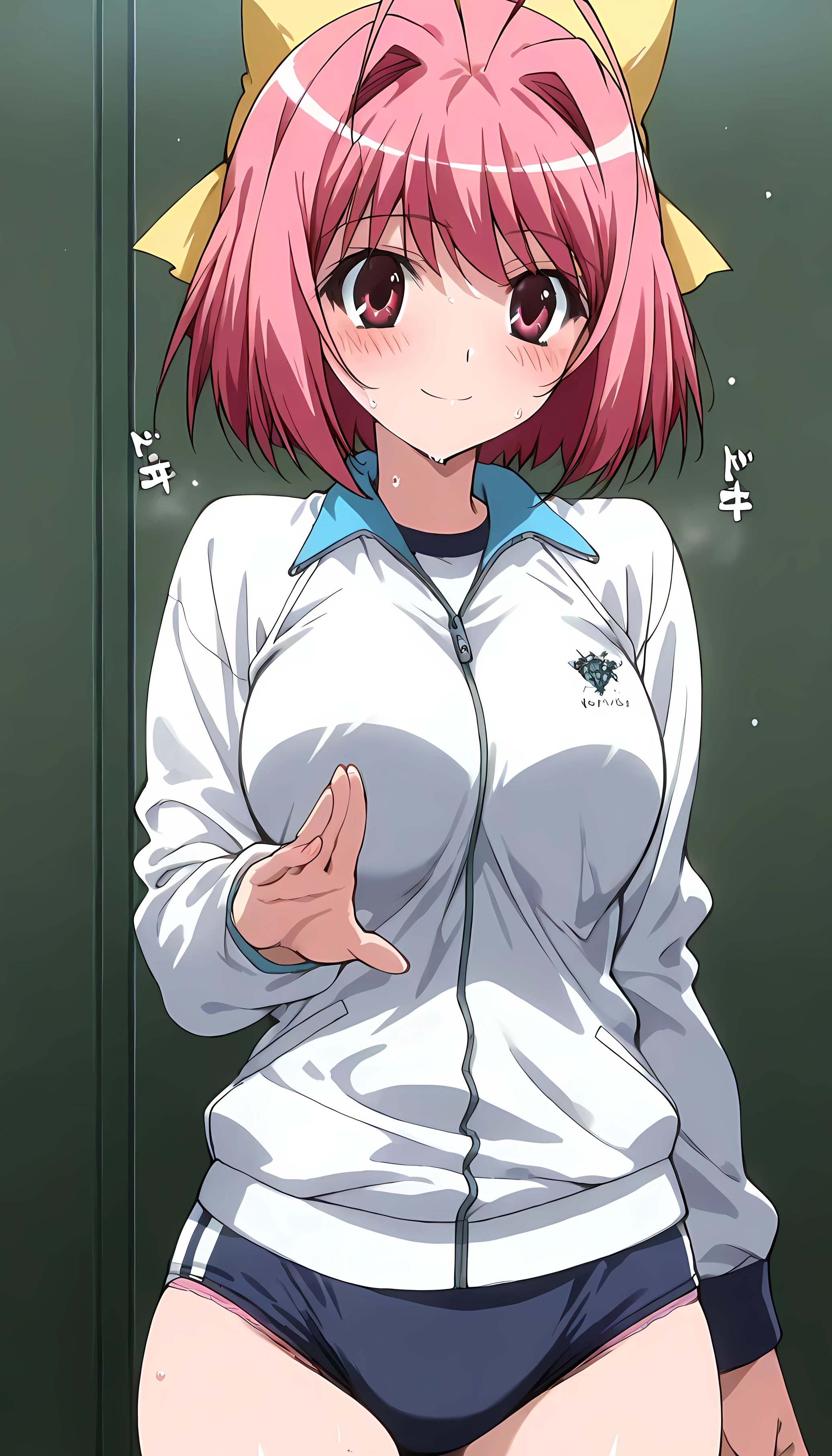 (beautiful girl : 1.3),1 girl,(nakagawa kanon | kanon nakagawa, pink hair, short hair, hair bow of yellow:1.2, pink eyes, antenna hair, mature female, medium breasts, anime screencap),(white gym clothes,long sleeve,dark blue buruma,Pink Panties, smile,embarrassing,blush,sweat,Strange pose,gymnasium, lines ,sound effect,masterpiece,Highest Quality,rich contrasts,high image quality,8k,High Definition CG Unit Wallpaper,texture,incredibly absurd, RAW photos ,deep border 1 .2,very detailed