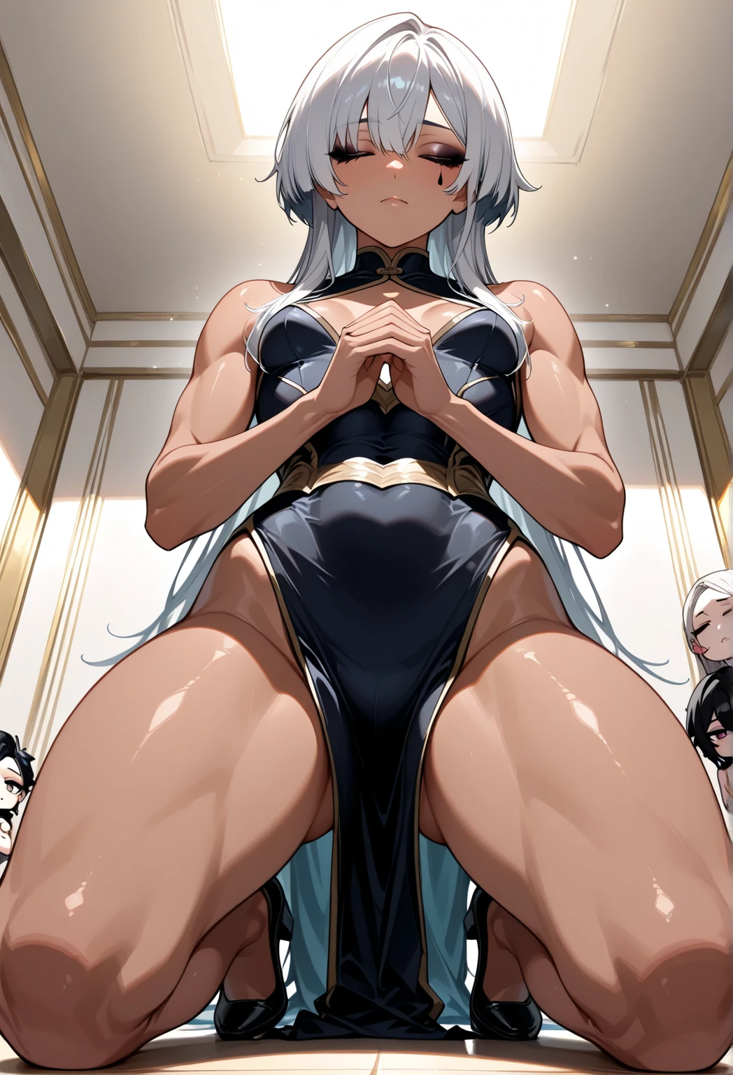 (((1 girl adolescente))), ninym ralei, (Red eyes: 1.5), White hair, (White hair: 1.1), yellow hair ornament, (yellow hair ornament: 1), black bow tie with gold, (blue bracelets, (blue bracelets: 1.2)), white gloves, (blue bikini corto apretado, (((blue bikini: 1.1))), (black thighs, (black thigh stockings)), has, (muscular belly), muscular abs, Wide hips, Thin waist, {{small breasts}}, (((pose sexy))), {{{sitting abriendo las piernas mostrando su apretado coño por culpa del bikini}}}, (((showing her tight pussy through the bikini))), (((sitting))), {{{Full body photo}}}, {sitting encina de una mesa de madera}, happy, open mouth smile, REST, looking at the viewer , breaking and entering, old study room, {study room with an antique wooden desk}, interval (masterpiece: 1.2), Best Quality, highest resolution, unity wallpaper 8k, (illustration: 0.8), (beautiful detailed eyes: 1.6), (extremely detailed face), perfect lighting, Extremely detailed CG, Extremely detailed focus, (perfect anatomy), {anatomically correct}, {{perfect hands, (correct hands)}, {perfect and beautiful}.