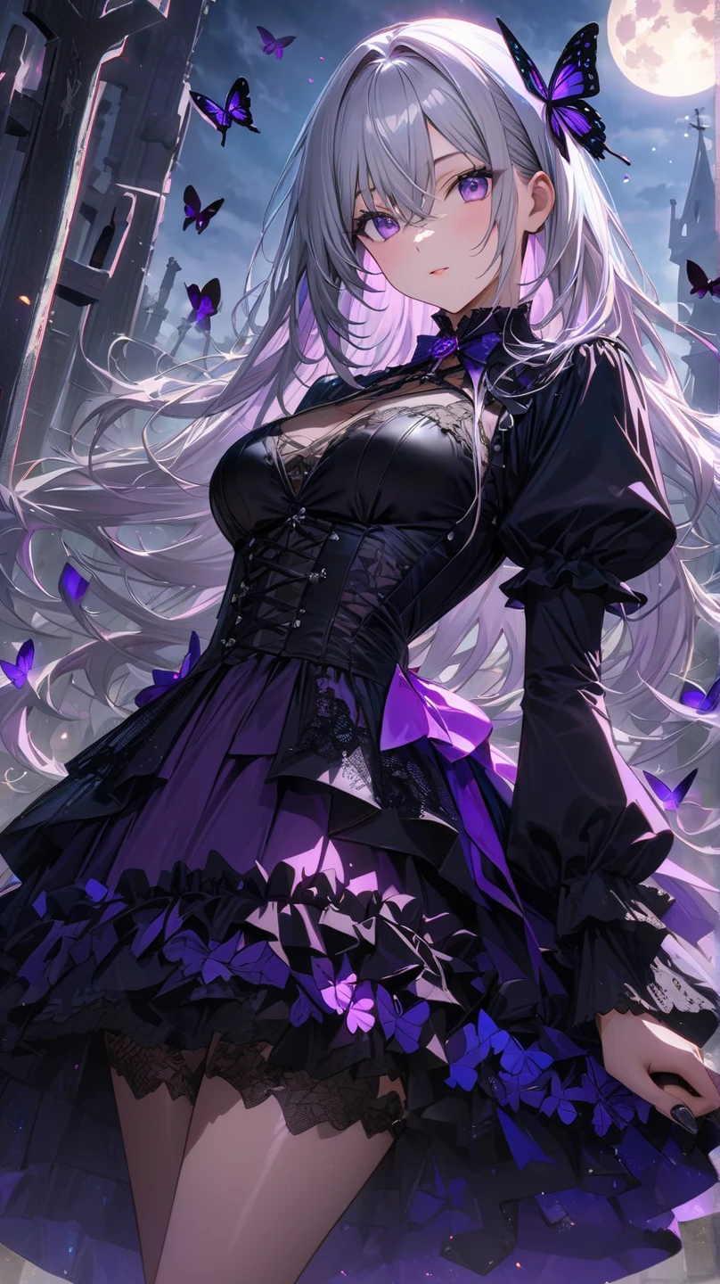 A beautiful anime girl with long hair and purple flowers、A beautiful immoral girl in a black dress。