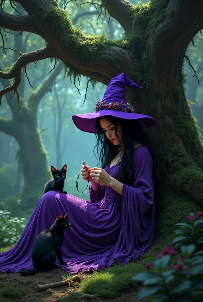 A gypsy witch in a black silk tunic and witch hat, sitting on a toadstool smoking a hookah with her black cat and hell hound puppy laying on her lap