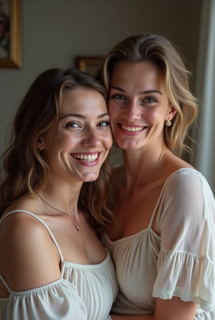 1 girl, solo, Liechtensteiner woman, Old woman, name is Isla, (((60 years old woman))), (((wrinkles))), ((long brunette hair)), ((fair skin)), ((rectangular face)), ((Roman nose)), ((big plump lips)), ((high cheeks)), ((medium hair)), ((upper body and upper legs)), (((slim body))), (((nude and naked))), (inside blue guest house in Germany), smirk, (selfie pose), sensual