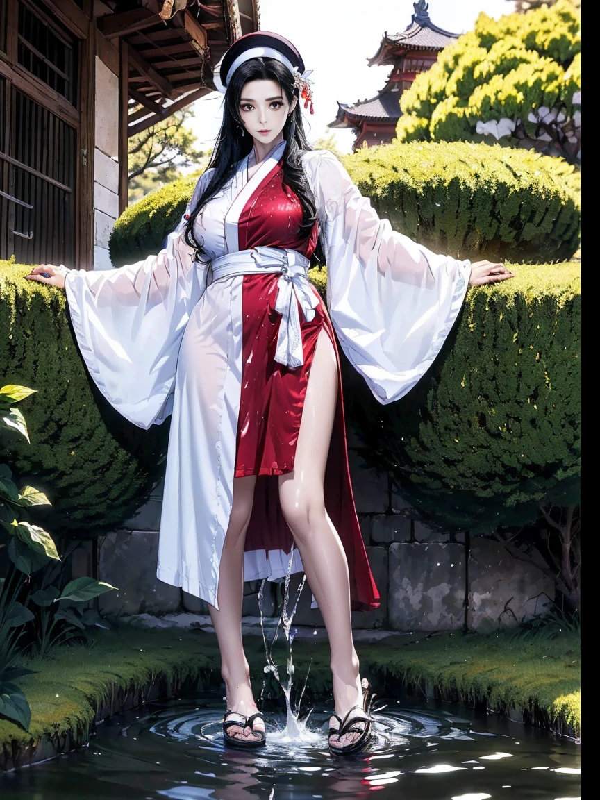 NSFW、shrine maiden costume、beautiful shrine maiden、Black Hair Upstyle、((whole body))、(((photo taken from below)))、big waterfall