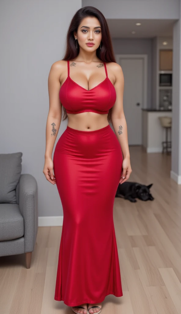 araffe woman in a red dress posing in front of a fireplace, a photo of Gabriel Ba, tumblr, realism, sexy red dress, in a red dress, hot red, irina nordsol kuzmina, in a red dress, red dress, red dress, red dress, ava max, girl wears a red dress, yelena belova, short red dress, alexa grace, woman brings blue hair, blue hair, big tits, big breasts, big ass, big buttocks, big buttocks,
