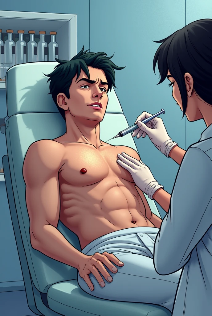 1boy、Handsome Men、Japanese male, 、Completely naked、Full nudity、erection、Huge penis、Highest quality、Realistic、beautiful、Sad look、Being examined at a hospital、An elderly doctor in a white coat next to him、Arms above head、Photo Quality