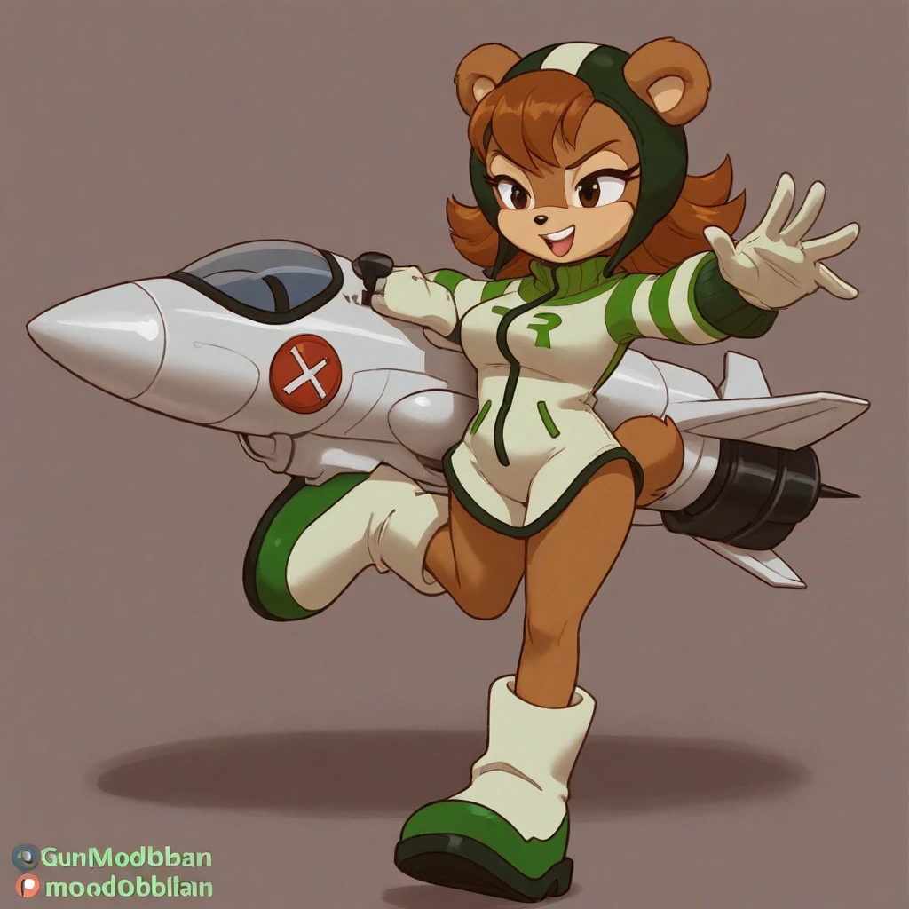 A female monkey with a captivating, anthropomorphic design. She has long blonde hair cascading over her shoulders and a sweet, expressive face with large eyes and long eyelashes. She is wearing a tight-fitting red flight suit with a visible neckline, emphasizing her feminine curves. The suit is adorned with badges and a belt. In one hand, she holds a banana and in the other, a small revolver. Her pose is seductive, with a slightly twisted hip and a teasing smile, exuding confidence and a sexy aura.