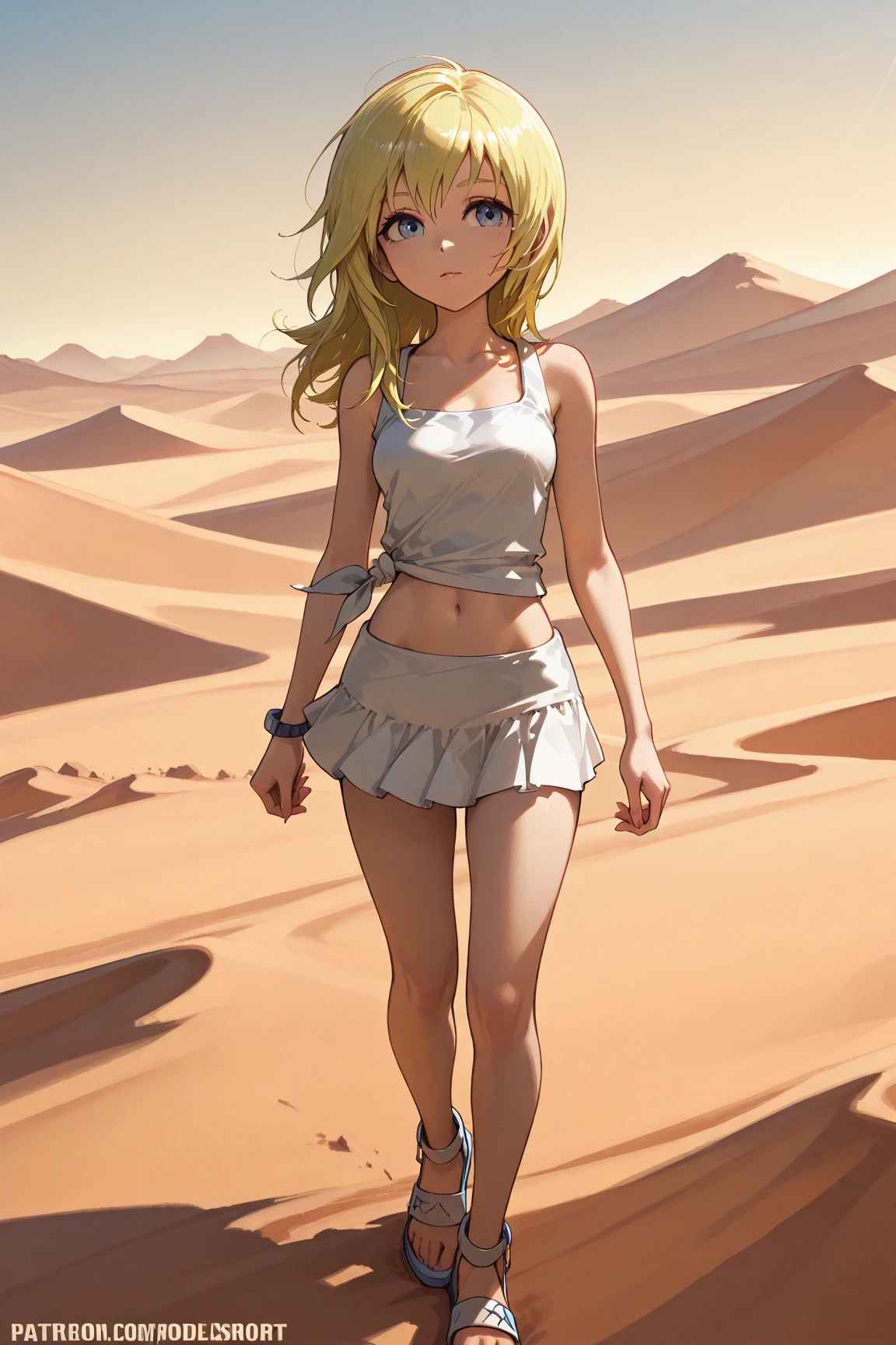 (masterpiece, best quality:1.2), solo, Android 18 from Dragon Ball, (light gray top), ((white slip-on crop top)), ((long sweatpants)), ((light gray sweatpants)), (gray hooded jacket), thighs, midriff, small breasts, sweat, blonde hair, (single hair bun), ((blue eyes)), earrings on earlobes, slender feminine figure, narrow waistline, skinny body, long legs, Egypt, walking across desert, large pyramid, daytime, clear sunny sky, sweating, cleavage, off shoulder, magnificent view, blur background, 4K