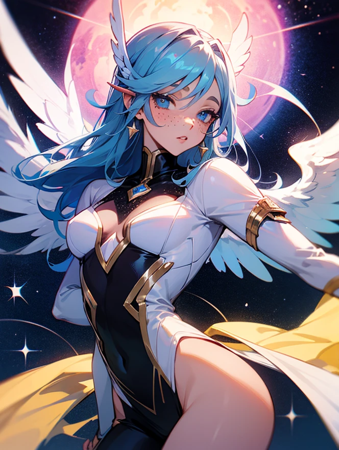 1female, fairy wings, azure hair, dark skin, angel wings, white crop top sweater, busty, black sweatpants, gold eyes, confident