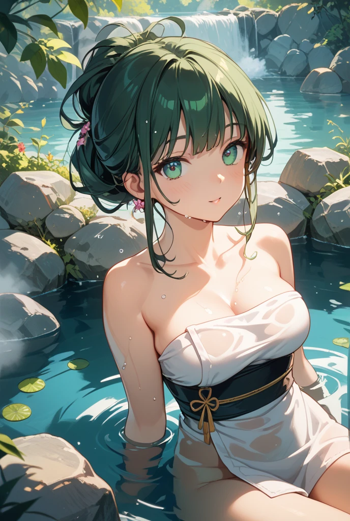 Beautiful fece, ​masterpiece, top-quality, hiqcgbody, animesque, 1girl in, Medium chest,, portrait shot, Look at viewers,,Southland,hot onsen ,Medium Hair,wetted skin, intricate detailes、Very pretty girl、Kawaii Girl、Bath naked、green colored hair、sitting on、