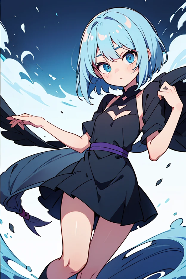 A high-definition illustration of a cute magical girl whose blue-green mini one-piece clothes are torn to shreds and her breasts and crotch are visible are looking at me with an embarrassed expression