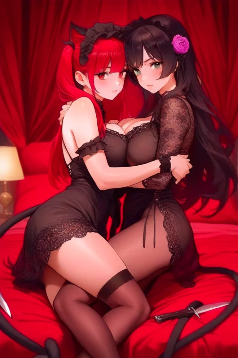 2girls, rias gremory, akeno, lying on bed, touching each other, sexy, bedroom, large breasts, sexy, fullbody, perfectbody, bedroom, luxury bed, blush on face, multiple characters, (best quality,4k,8k,highres,masterpiece:1.2),ultra-detailed,HDR,UHD,studio lighting,ultra-fine painting,sharp focus,physically-based rendering,extreme detail description,professional,vivid colors,bokeh,portraits, nude,black heels, black stockings,red heels,black stockings,red nails,red nails,lying close yo each other