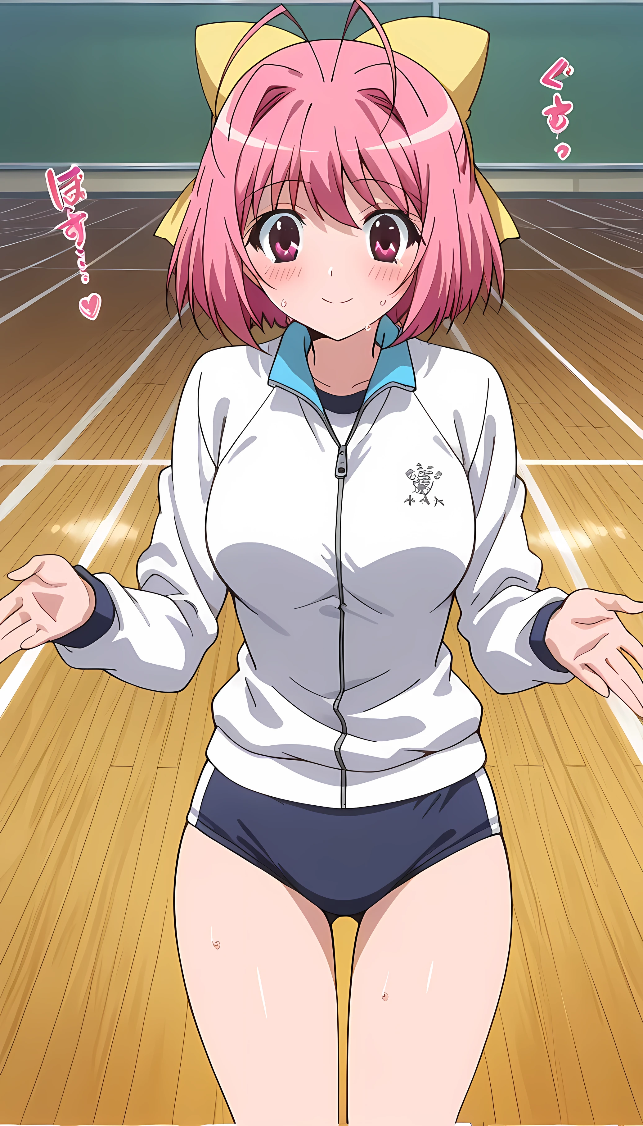 (beautiful girl : 1.3),1 girl,(nakagawa kanon | kanon nakagawa, pink hair, short hair, hair bow of yellow:1.2, pink eyes, antenna hair, mature female, medium breasts, anime screencap),(white gym clothes,long sleeve,dark blue buruma,Pink Panties, smile,embarrassing,blush,sweat,Strange pose,gymnasium, lines ,sound effect,masterpiece,Highest Quality,rich contrasts,high image quality,8k,High Definition CG Unit Wallpaper,texture,incredibly absurd, RAW photos ,deep border 1 .2,very detailed