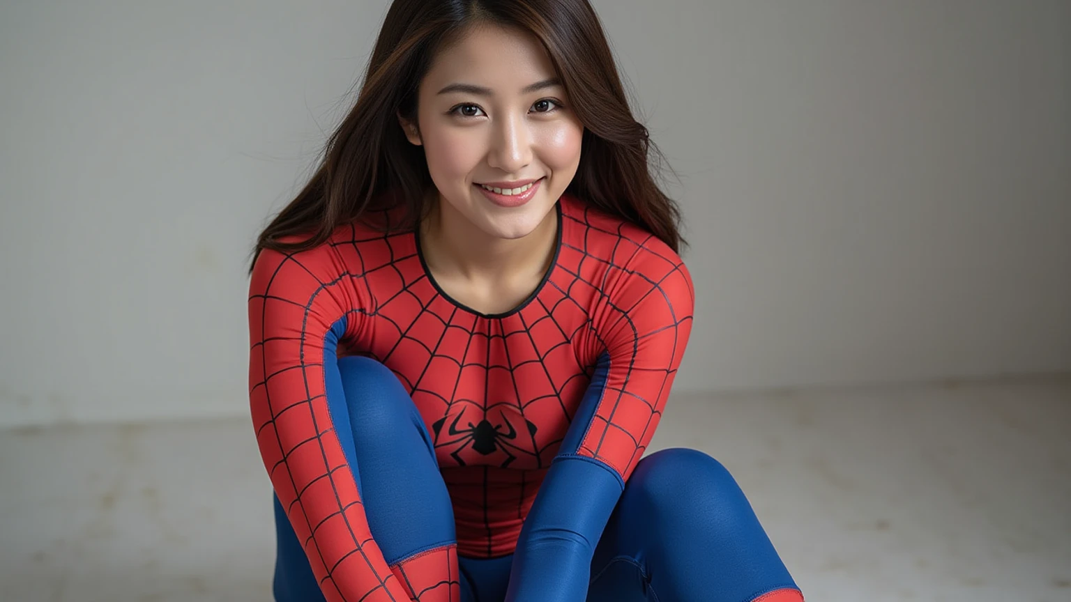 spiderman Hero red upper body blue lower body mask Turn your right leg to the side and bend it inward at the knee.、Squat down with your left leg extended towards the left side.、Place all fingers of your left hand on the ground、Extend your right arm slightly to the left、Pose with face facing forward Wearing red boots Depicted to show the whole body