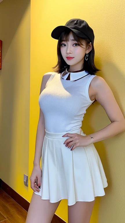 absurdres, RAW photo, extremely delicate and beautiful, masterpiece, Best Quality, ultra high resolution, 32k, hyperrealistic, ultra-detailed, perfect figure, Super Beauty, Perfect Style, Perfect balance, in her 20s, very small head, very small face, delicate facial features, tearful mole, earring, ((very huge breasts)), ((full body shot)), bare legs, medium hair, black hair, ((basketball uniform)),